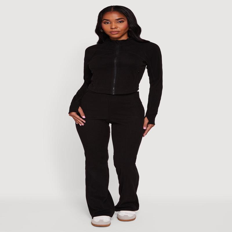 Brushed Rib Knit Slim Straight Casual Pants