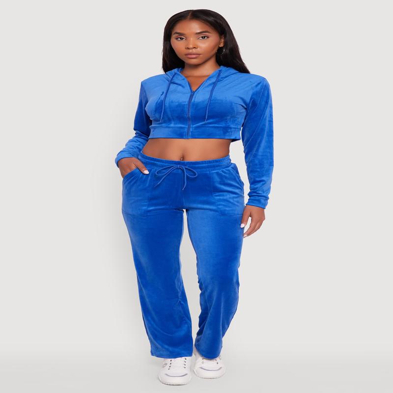 Drawstring Waist Velour Wide Leg Sweatpants