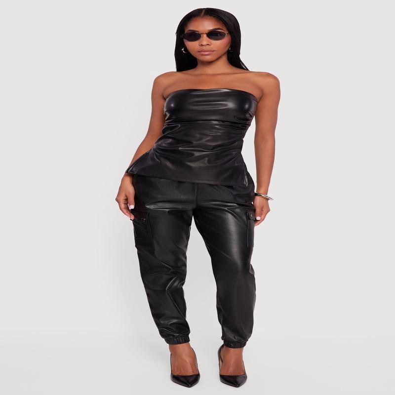 Faux Leather Side Ruched Side Slit Tube Top