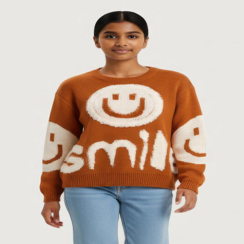 Girls Boucle Smile Graphic Sweater