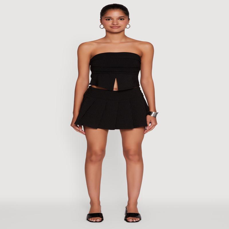 Haute Monde Pinstripe Button Detail Pleated Skort