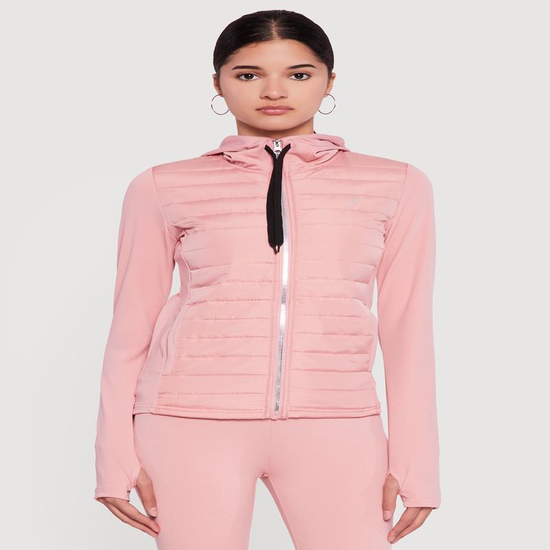 Lightweight Puffer Detail Hooded Zip Front Jacket