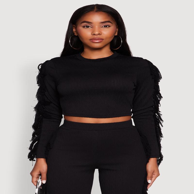 Textured Knit Long Sleeve Fringe Crop Top
