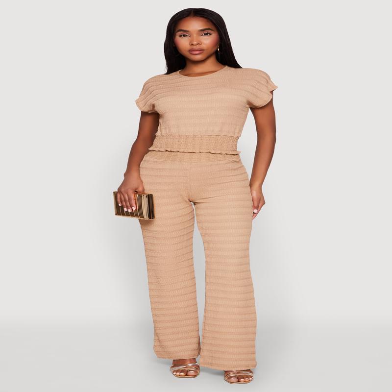 Textured Knit Smocked Waist Pants