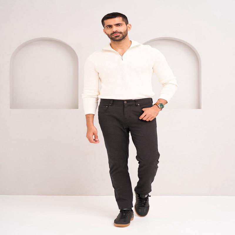 Wood Brown Checks Slim Fit Jeanos