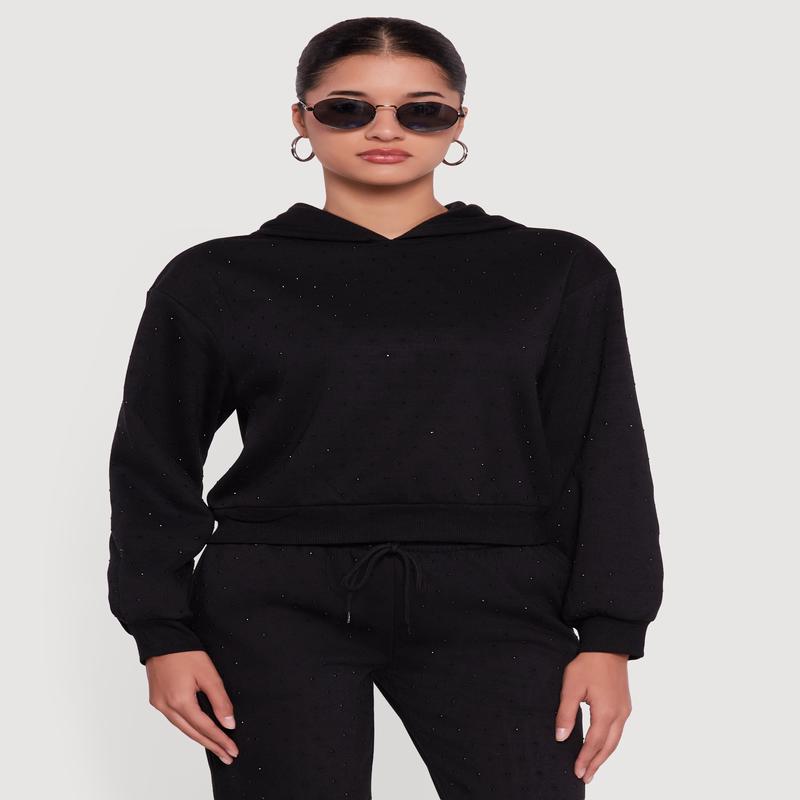 Almost Famous Rhinestone Studded Fleece Pullover Hoodie