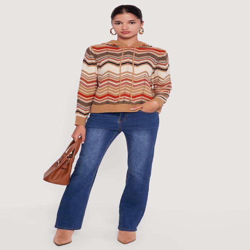 Chevron Pointelle Knit Sweater Hoodie