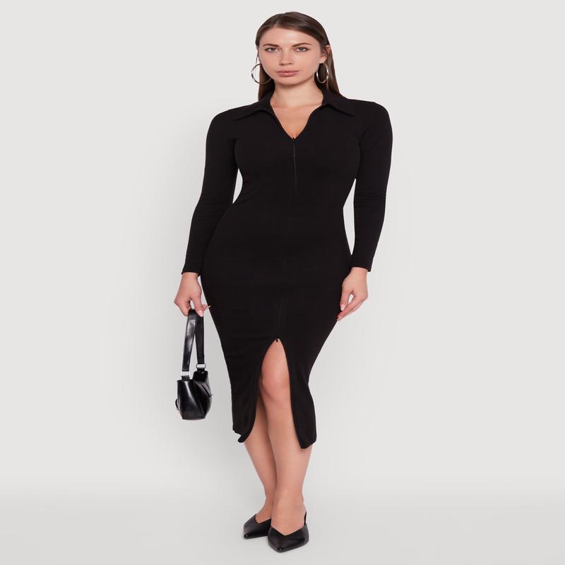 Collared Double Zip Front Midi Dress