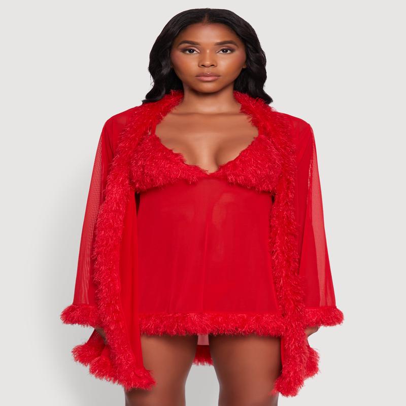 Feather Trim Babydoll and G-String with Robe Set