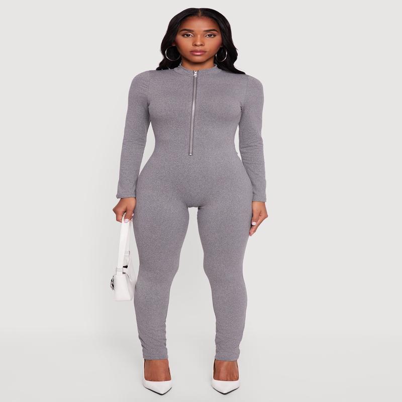Mock Neck Zip Front Fleece Lined Jumpsuit