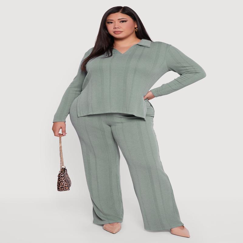 Plus Size High Waisted Ribbed Knit Casual Pants