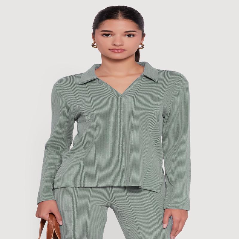 Ribbed Knit Long Sleeve Johnny Collar Polo Shirt