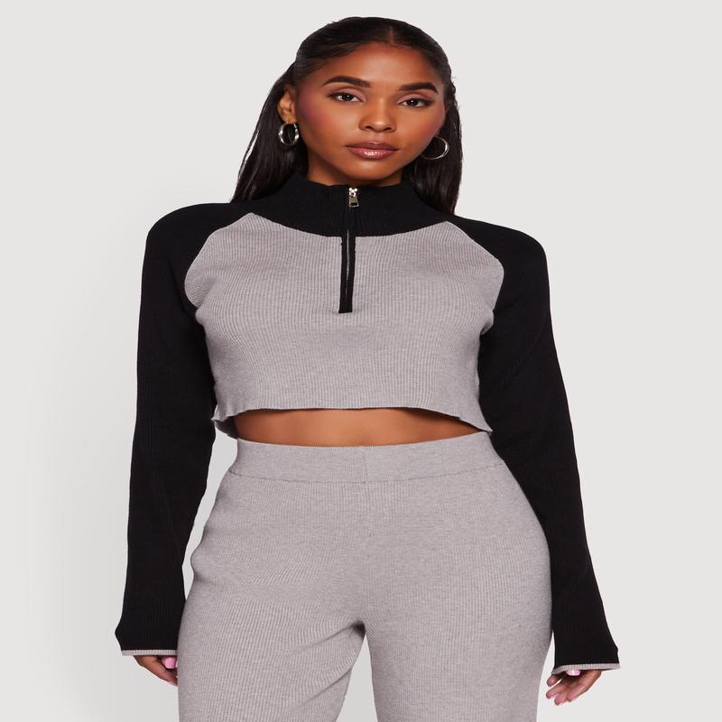 Color Blocked Half Zip Crop Sweater