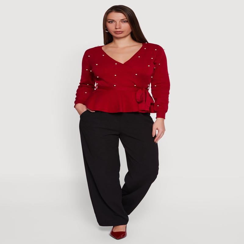 Faux Pearl Faux Wrap Peplum Sweater with Tie Waist Belt