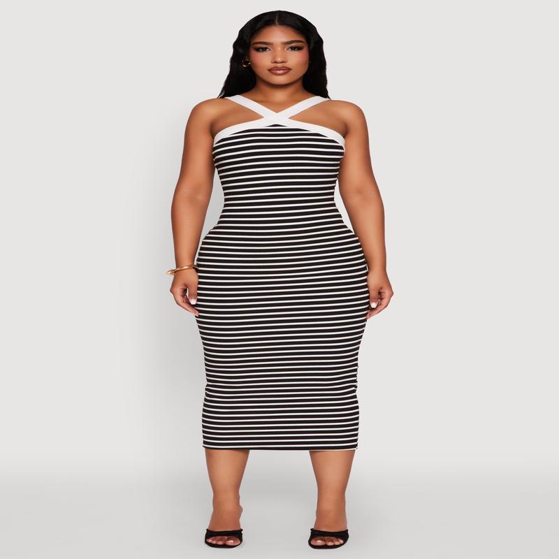 Iris Striped Halter Midi Dress