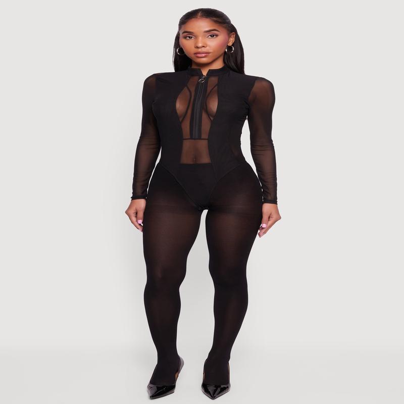 Mesh Long Sleeve Mock Neck Zip Front Bodysuit
