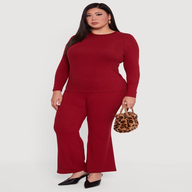 Plus Size High Waisted Rib Knit Flare Leg Pants