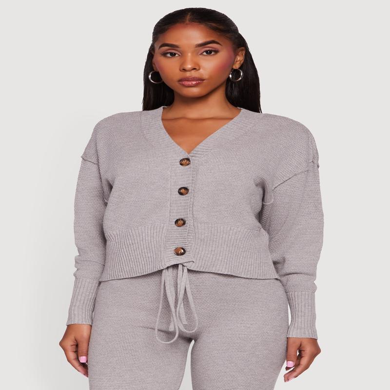 Waffle Knit Long Sleeve Button Front Cardigan