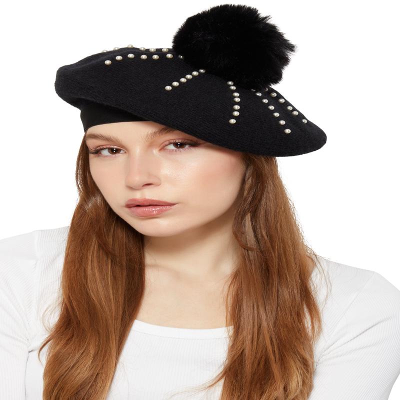 Faux Pearl Detail Pom Pom Beret