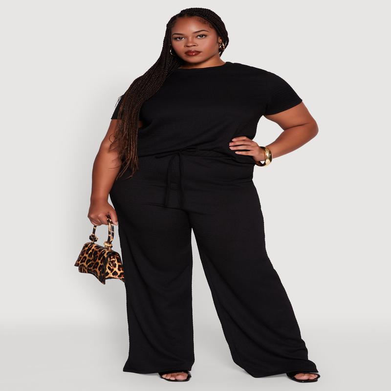 Plus Size Textured Knit Solid Wide Leg Pants