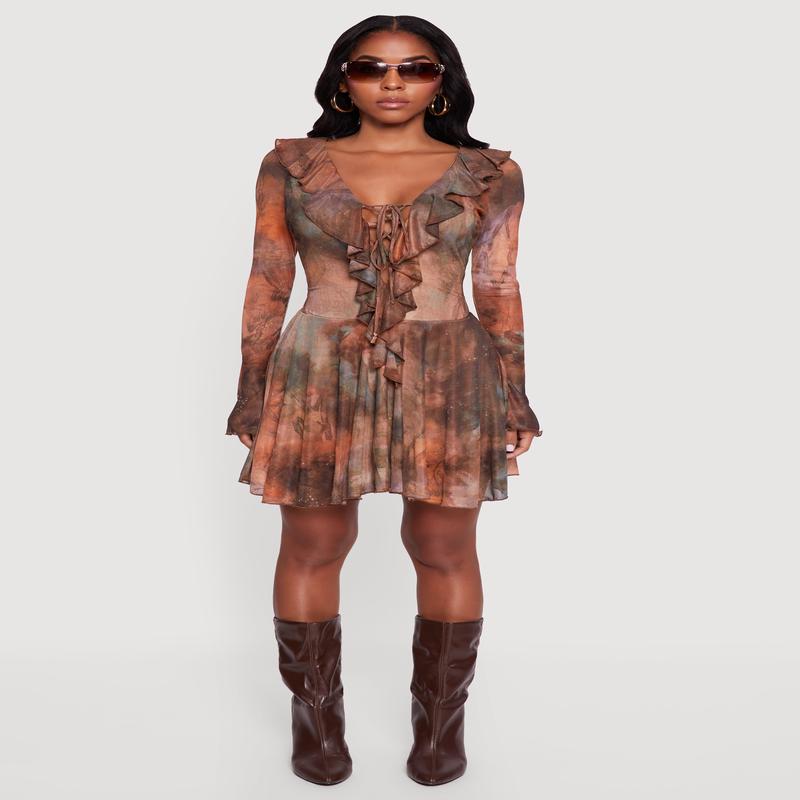 Printed Pattern Lace Up Ruffle Detail Mesh Dress