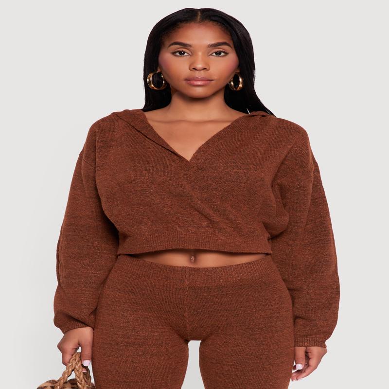 Almost Famous Brushed Knit Cropped Faux Wrap Sweater Hoodie