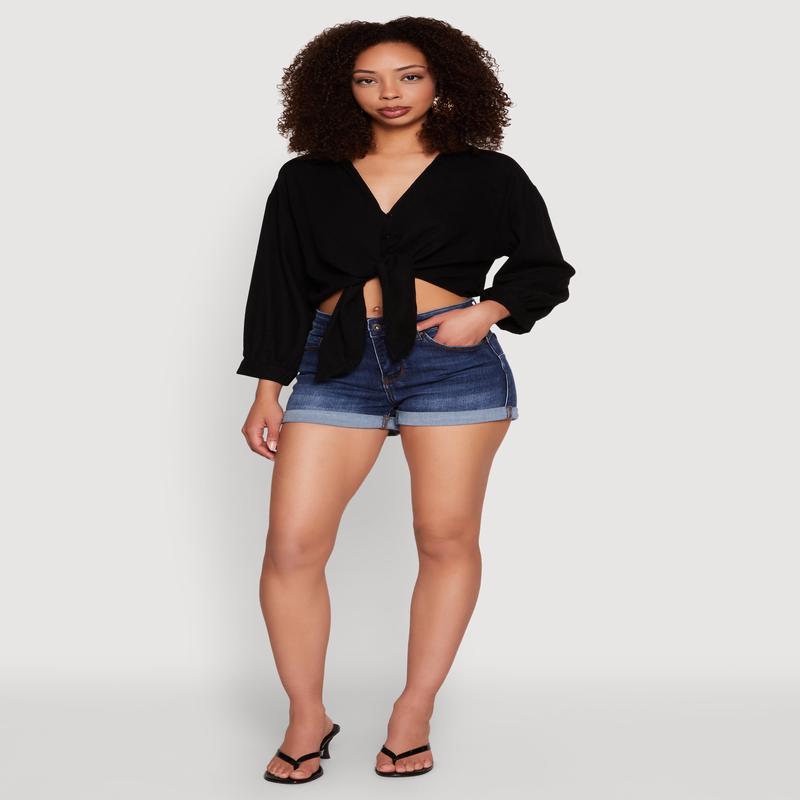 Haute Monde Linen Tie Front Crop Top