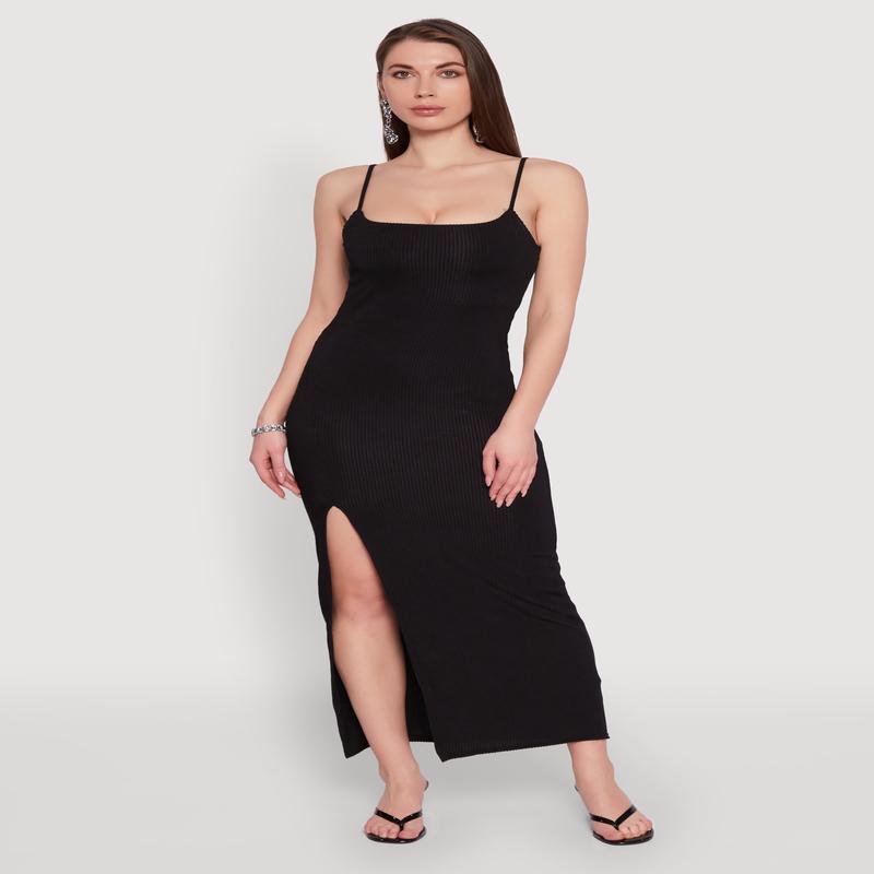 Rib Knit Side Slit Midi Dress