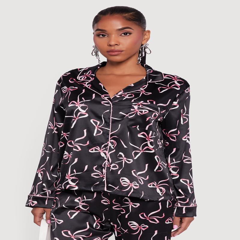 Satin Bow Print Long Sleeve Button Front Shirt