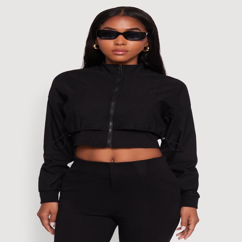 Trendy Lined Mock Neck Zip Front Crop Top
