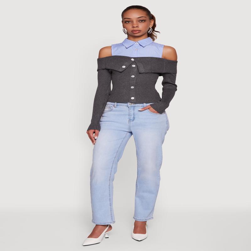 Cold Shoulder Fold Over Layered Look Sweater