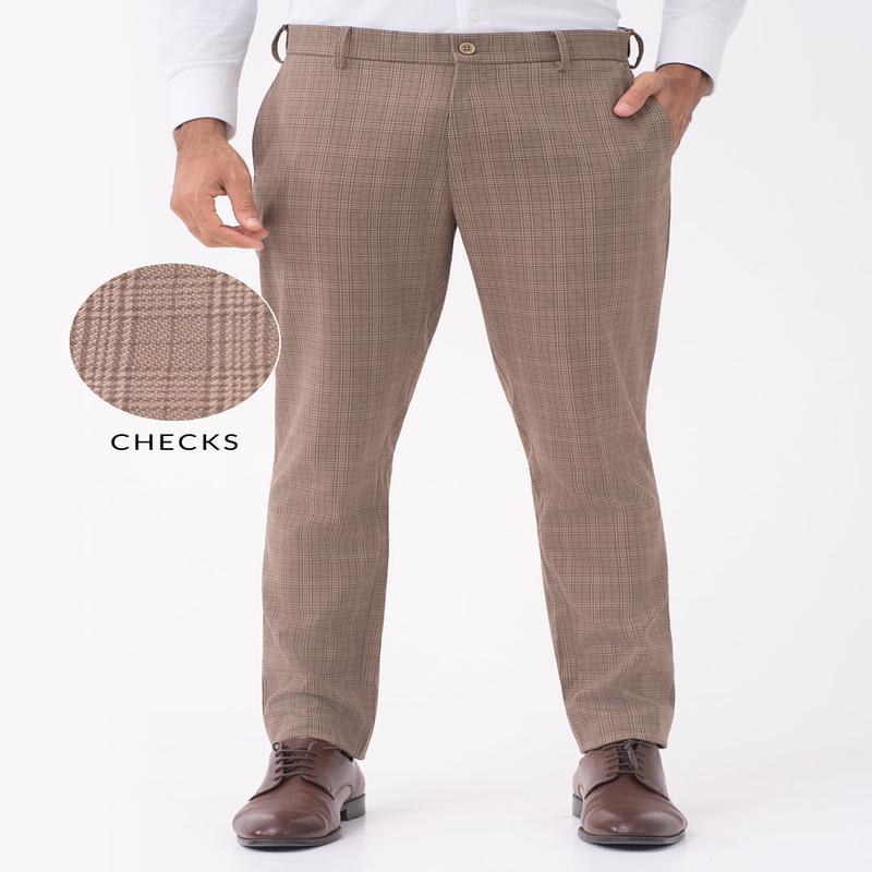 Elk Brown Checks Slim Fit Stretch Formal Pants