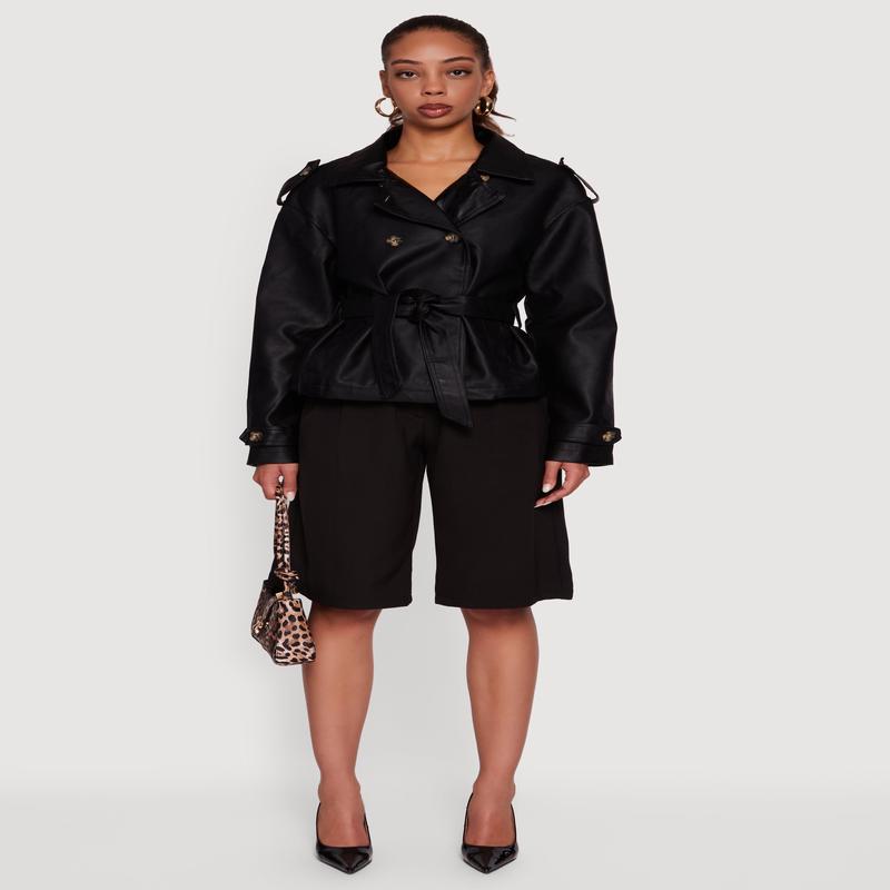 Faux Leather Double Breasted Short Trench Coat