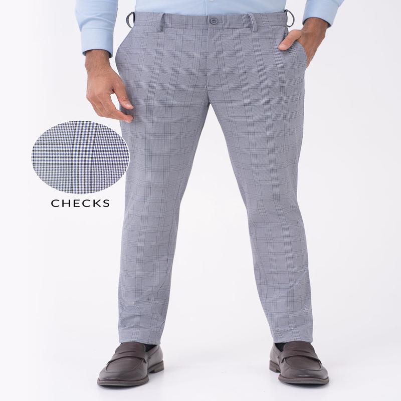 Macaw Black Blue Houndstooth Checks Slim Fit Stretch Formal Pants