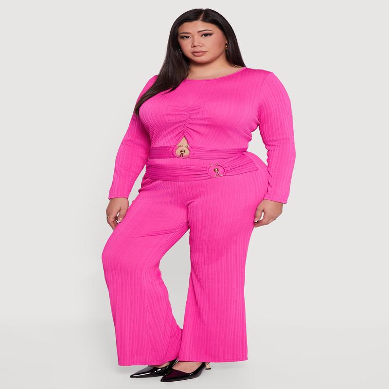 Plus Size High Waisted Metallic O Ring Flare Pants