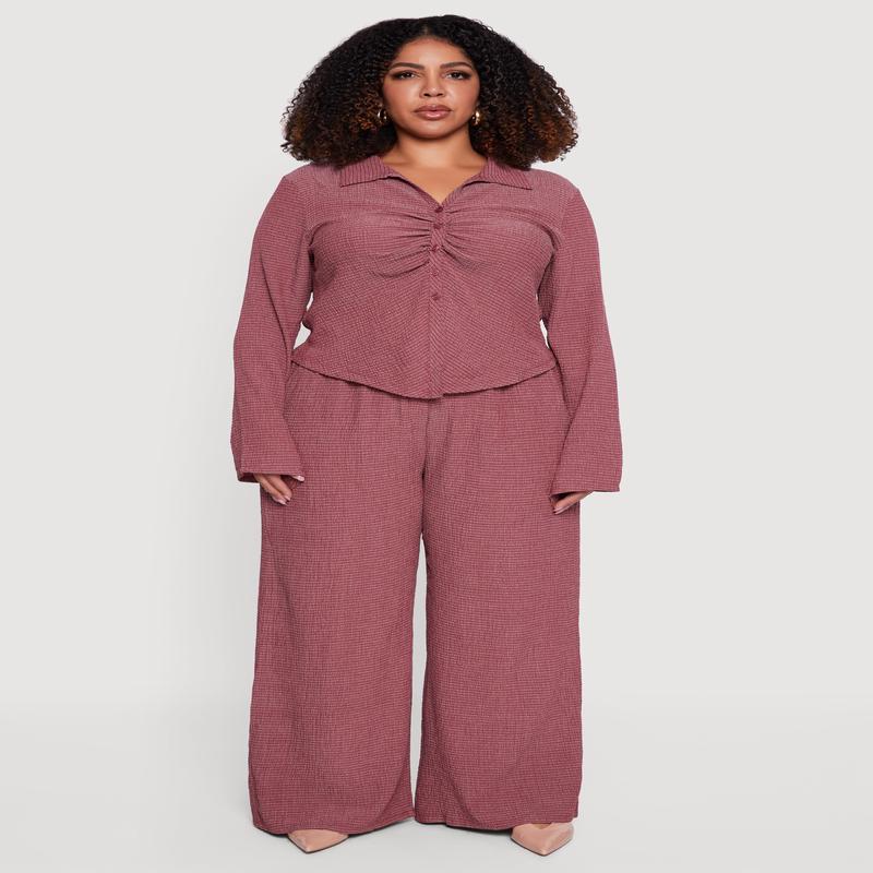 Plus Size Striped Seersucker Wide Leg Pull On Pants