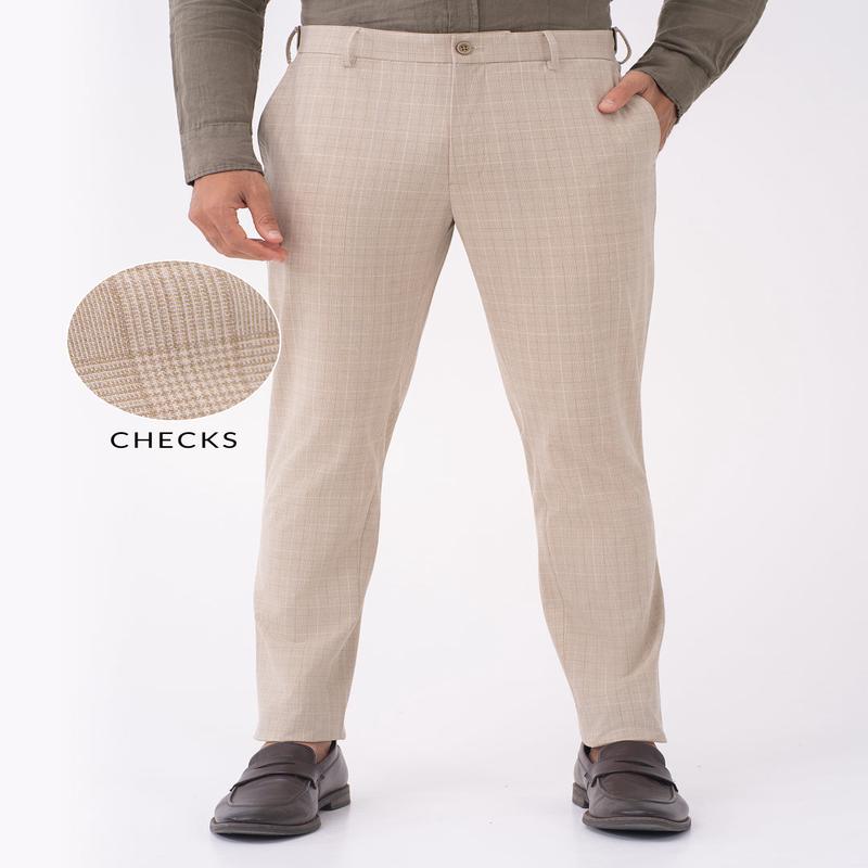 Sandpiper Beige Checks Slim Fit Stretch Formal Pants