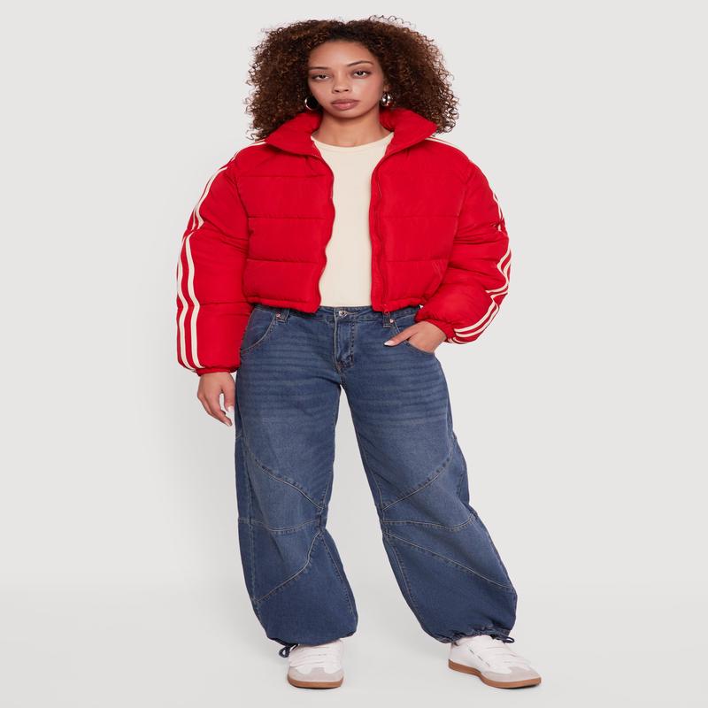 Stripe Detail Zip Front Puffer Jacket