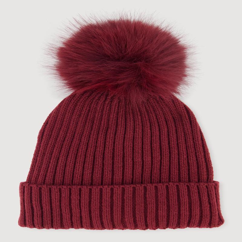 Trendy Faux Fur Pom Pom Detail Ribbed Knit Beanie