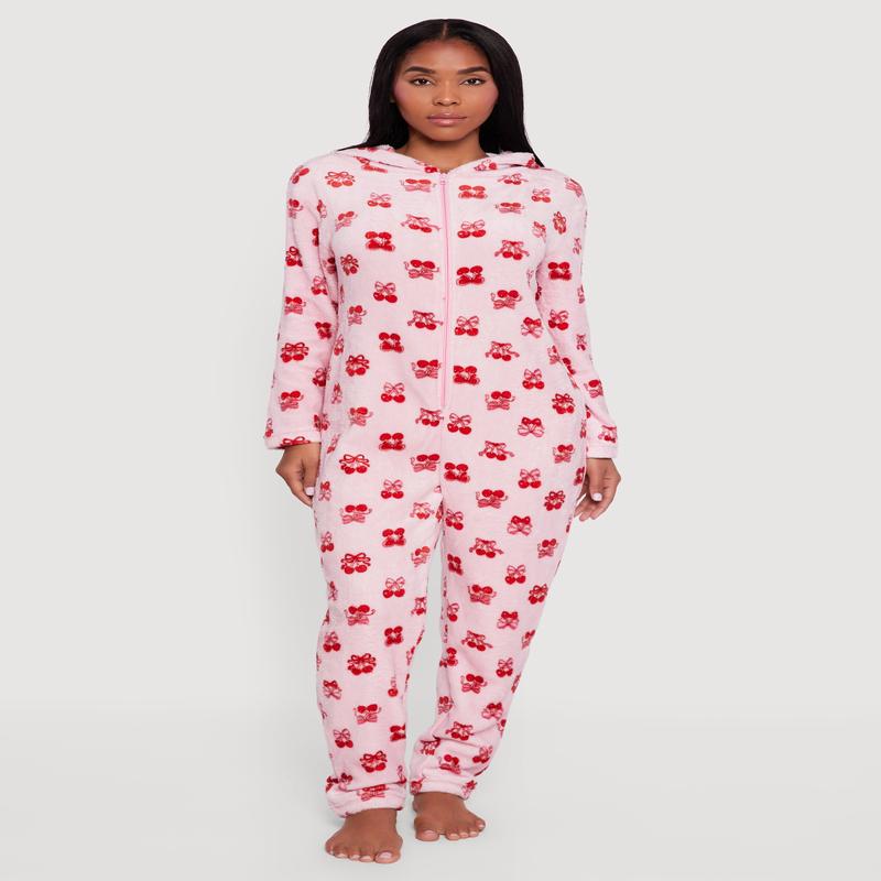 Cherry Bow Print Hooded Long Sleeve Pajama Onesie