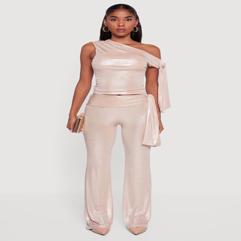 High Waisted Side Tie Metallic Pants