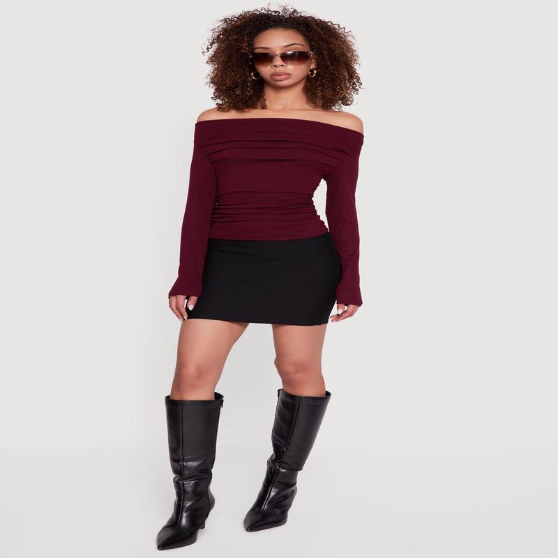 Long Sleeve Off the Shoulder Side Ruched Blouse