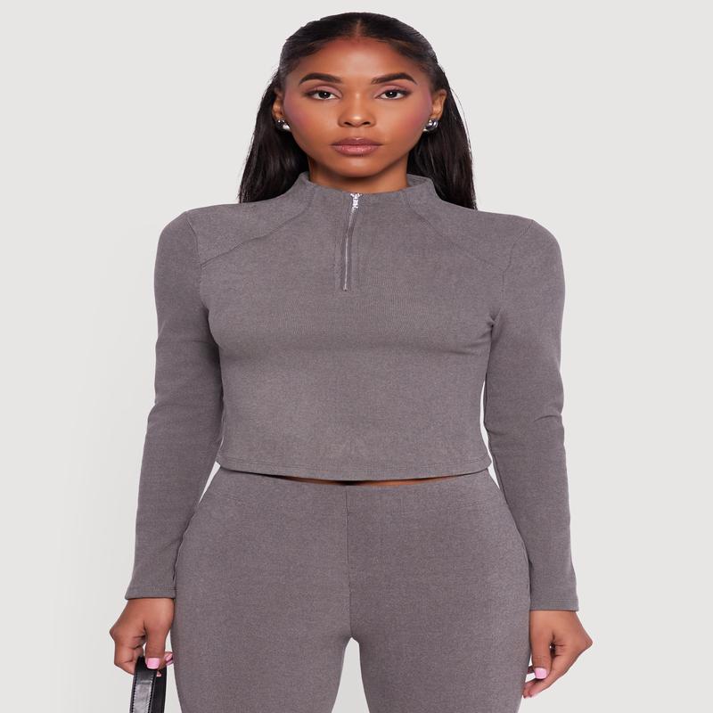 Brushed Rib Knit Long Sleeve Mock Neck Top