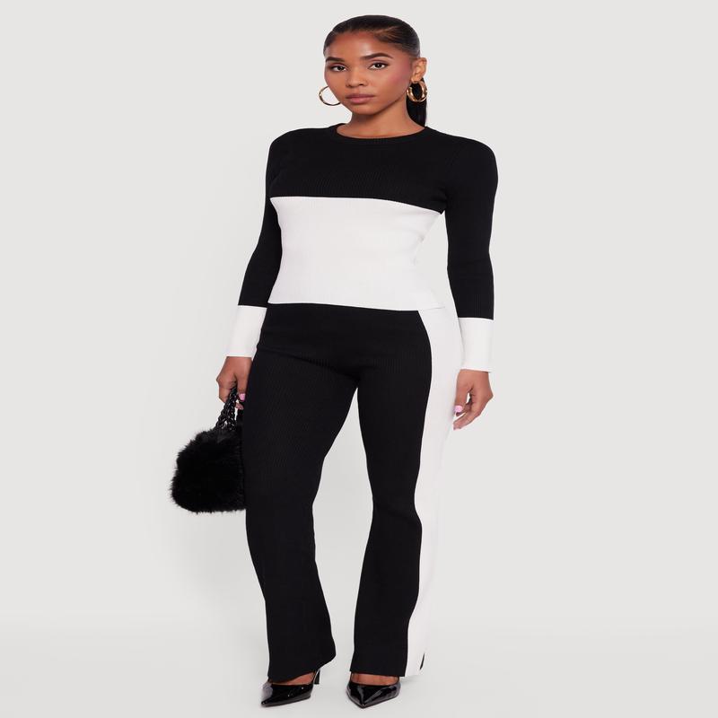 High Waisted Contrast Trim Ribbed Knit Pants