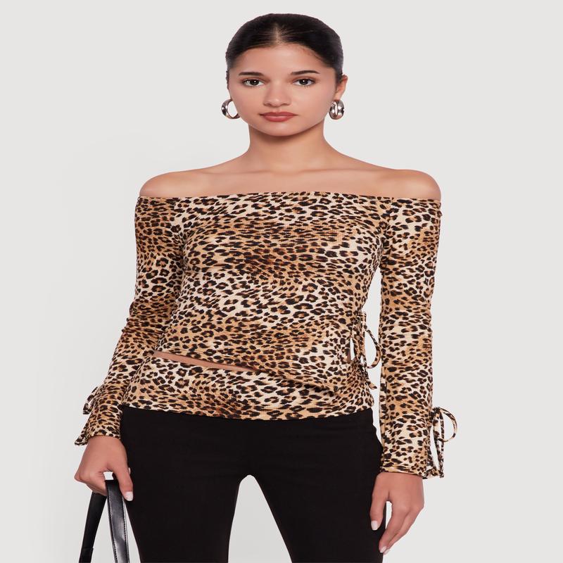 Ribbed Knit Leopard Print Off the Shoulder Blouse