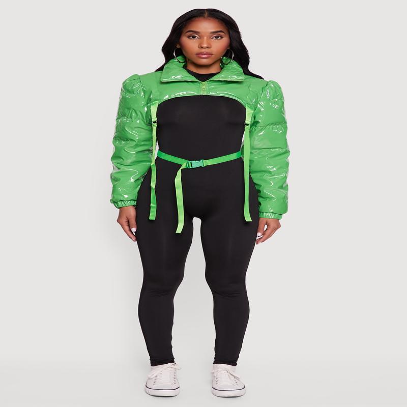 Trendy Faux Leather Buckle Detail Bolero Puffer Jacket