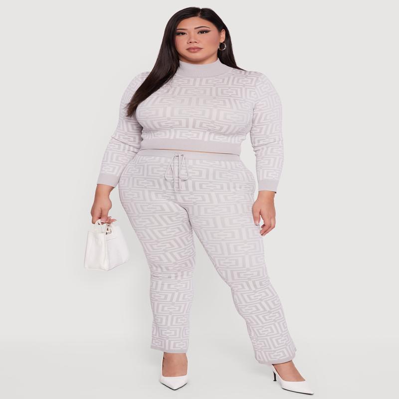 Plus Size Knitted Geometric Slim Bootcut Pants