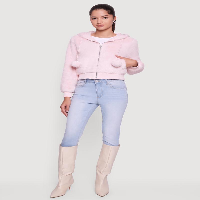 Pom Pom Drawstring Hooded Faux Fur Jacket
