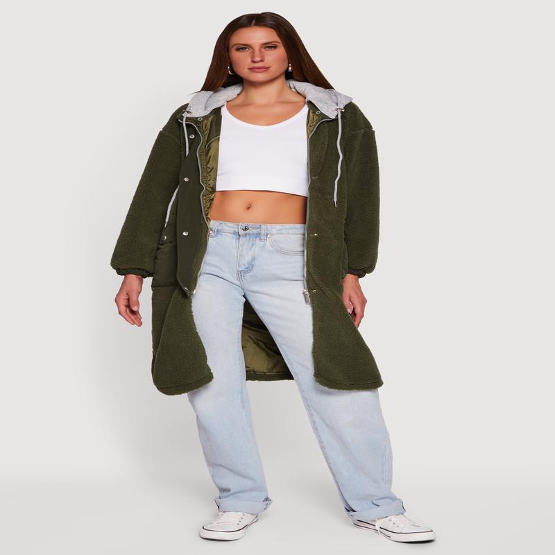 Snap Button Zip Front Sherpa Coat with Removable Hood