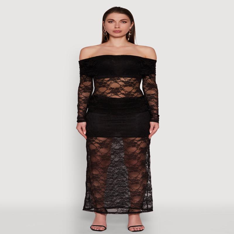 Chic Lace Fold Over Ruched Maxi Skirt